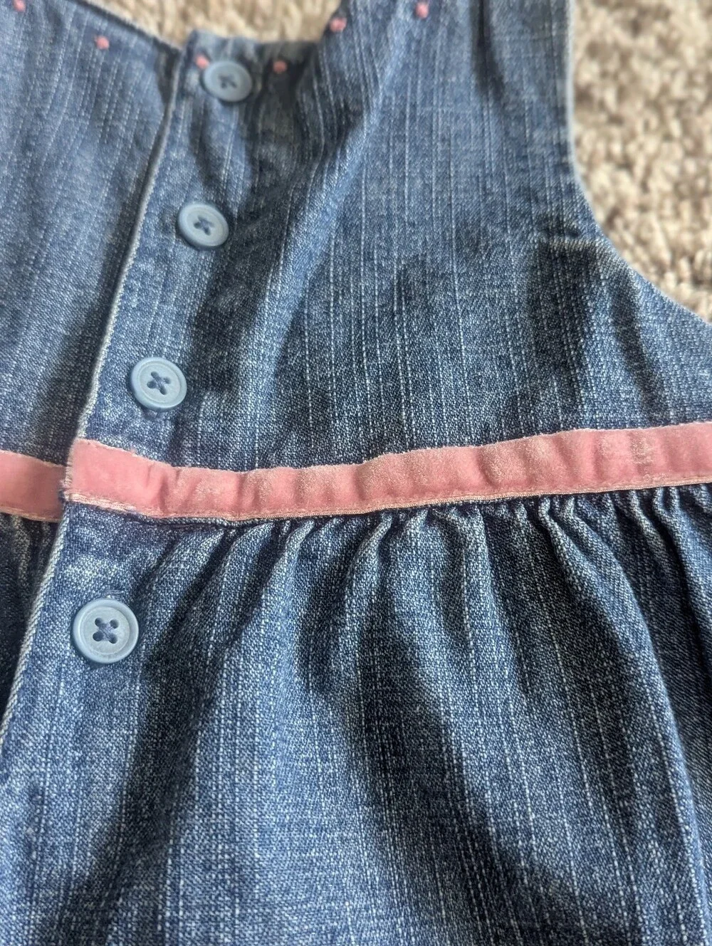 Vintage Genuine Baby From Oshkosh Girl 6M Denim Dress Pink Flocked Ribbon